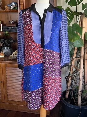 Anthropologie Moulinette Soeurs Patchwork Print Shirt Dress - Blue S